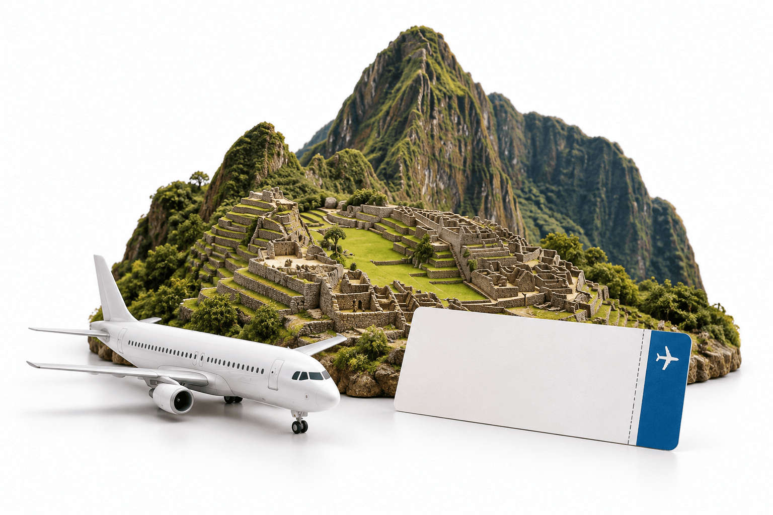 Composición referencial de un viaje a Machu Picchu sobre fondo blanco